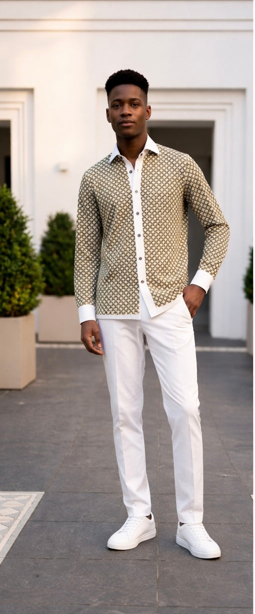 Printed Linen Lounge Shirt- White Olive