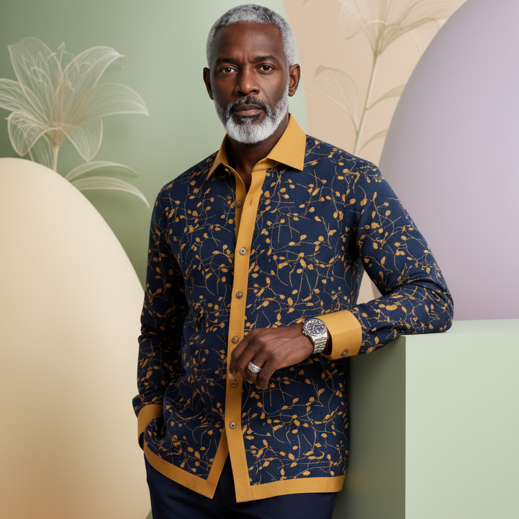 Man wearing a printed linen shirt with contrast collar and cuffs 