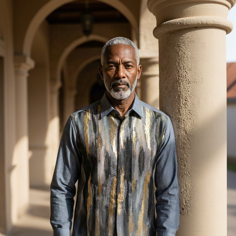 An older man with gray hair and a beard stands in front of a stone archway, wearing a long-sleeve button-up shirt with an abstract vertical pattern in slate blue, gray, white, and gold. 