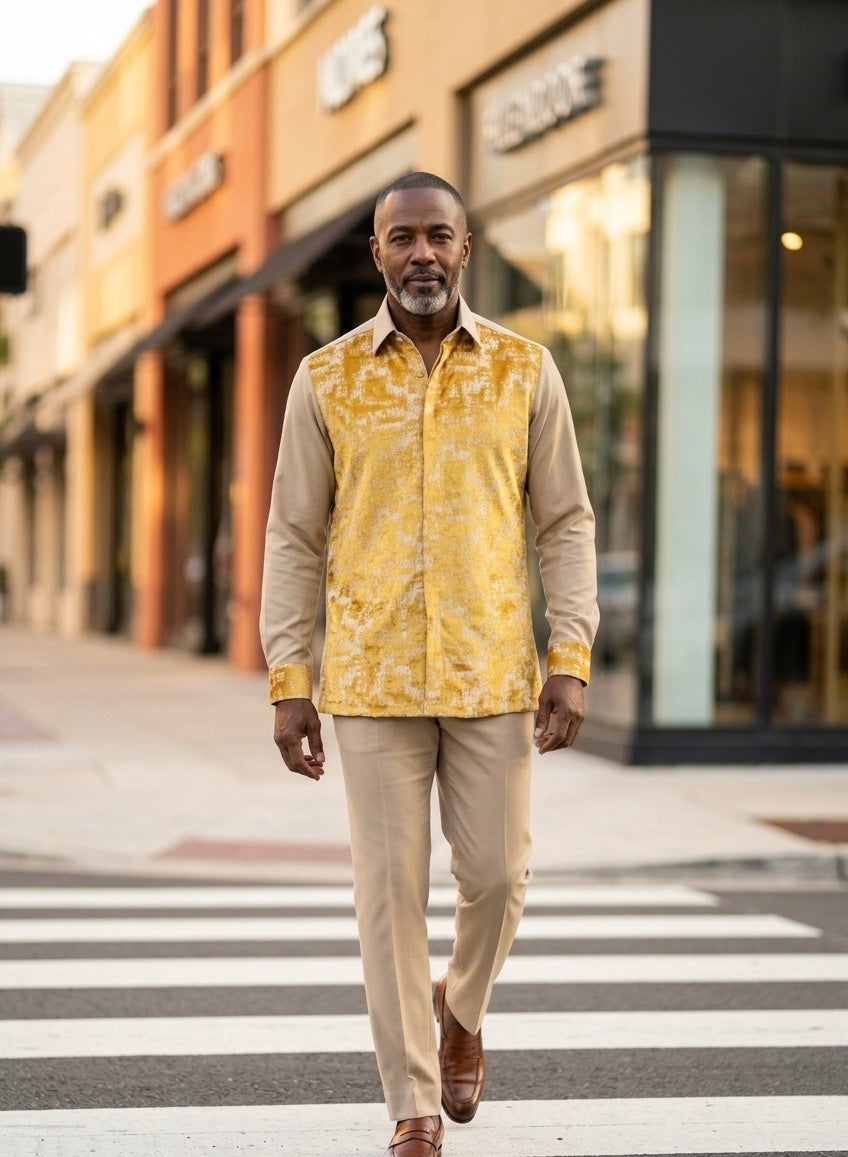 Printed Jaquad Lounge Shirt- Beige  with Yellow