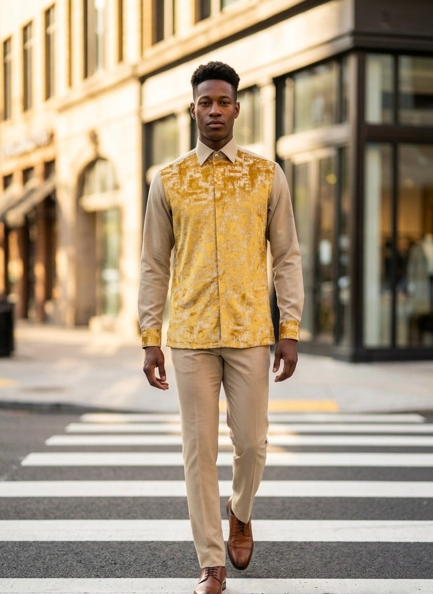 Printed Jaquad Lounge Shirt- Beige  with Yellow