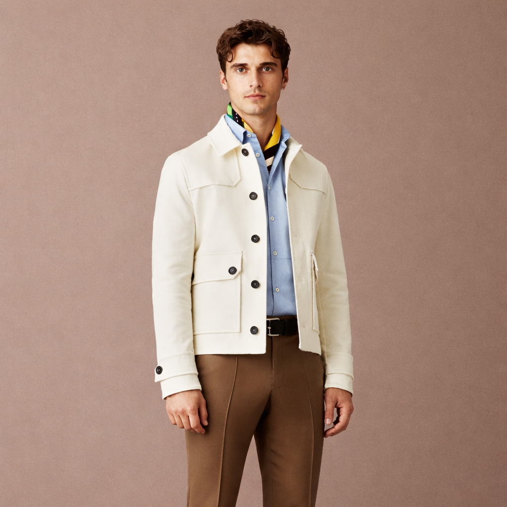 Man wearing a white jacket, with 4 pockets and dark brown buttons