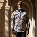 Man wearing a printed Italian Silk Shirt with Contrasting Collar and Cuffs