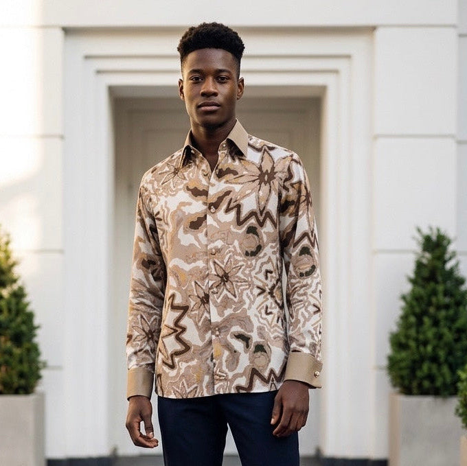 Man wearing a printed presidential Italian Silk shirt with contrast collar and cuffs