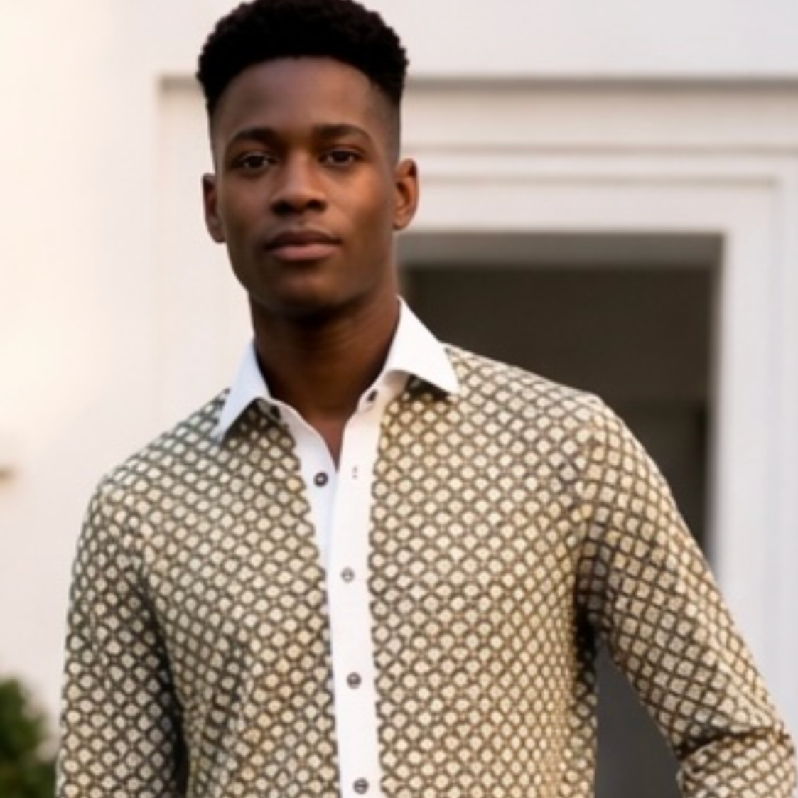 Man wearing a patterned shirt and white pants standing outdoors.