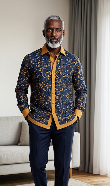 Printed Linen Lounge Shirt- Navy  with Yellow